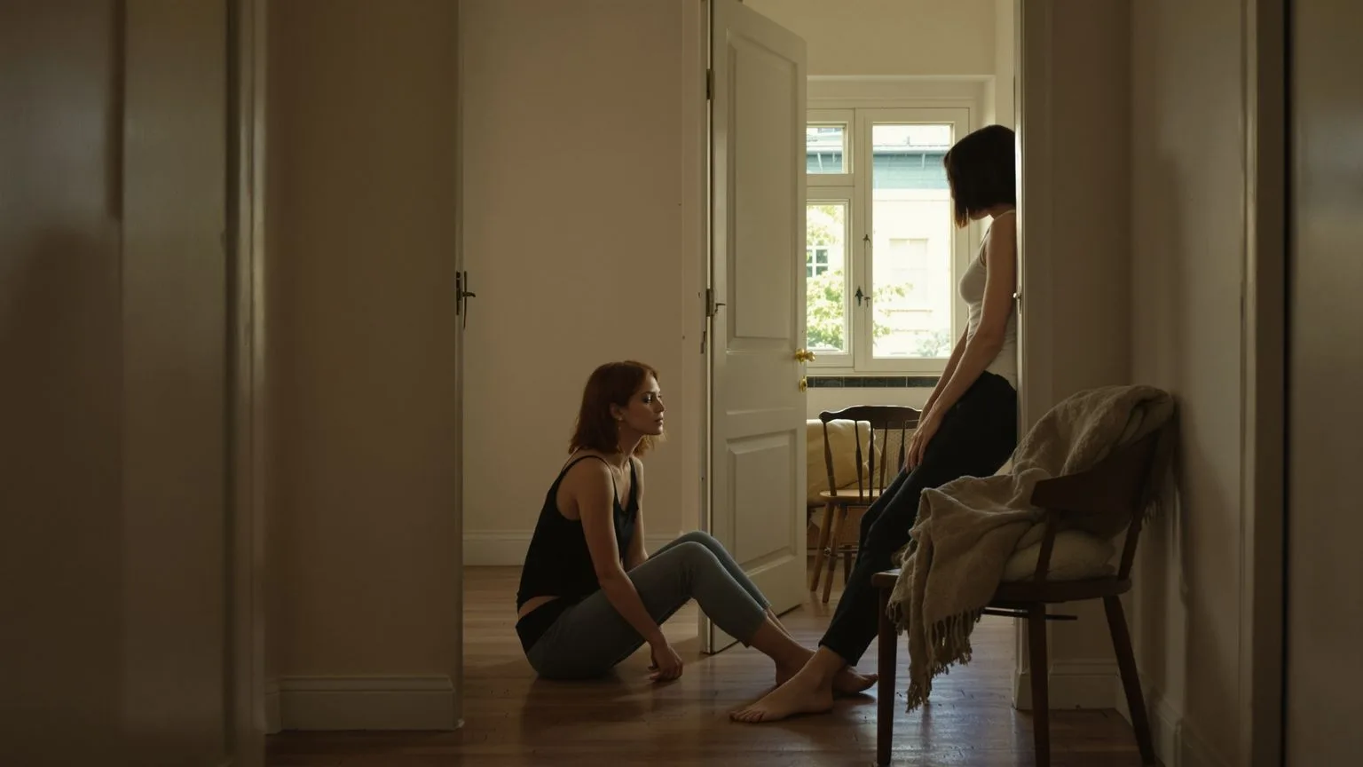 Two women sharing quiet stillness in a doorway illustrating things nobody tells you about breakup grief