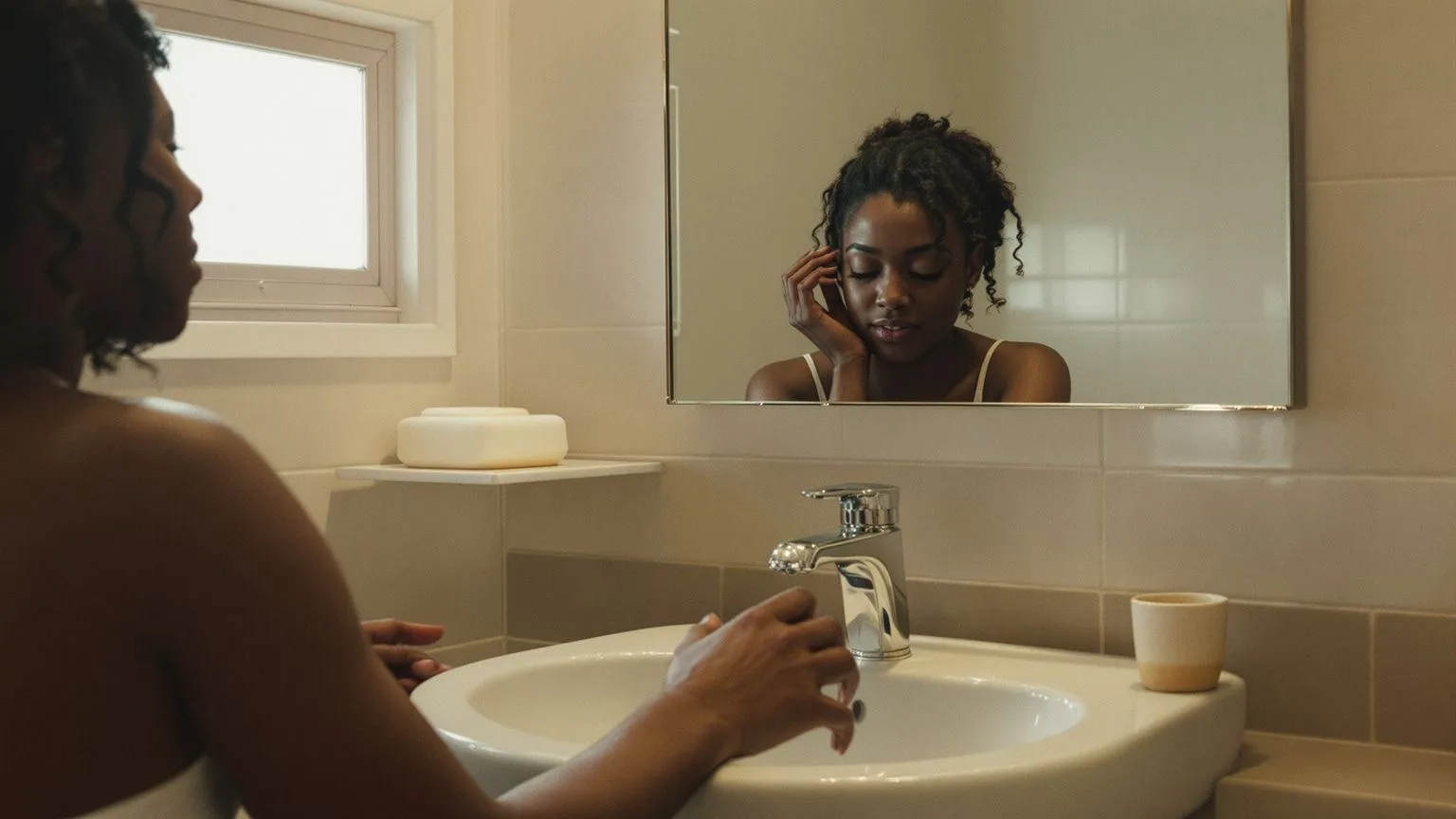 Woman at bathroom sink looking down with mirror reflection showing the real waves of breakup grief
