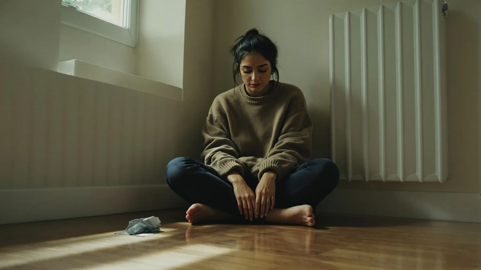 Woman's still hands around a cold ceramic mug on wooden table when the grief gets stuck