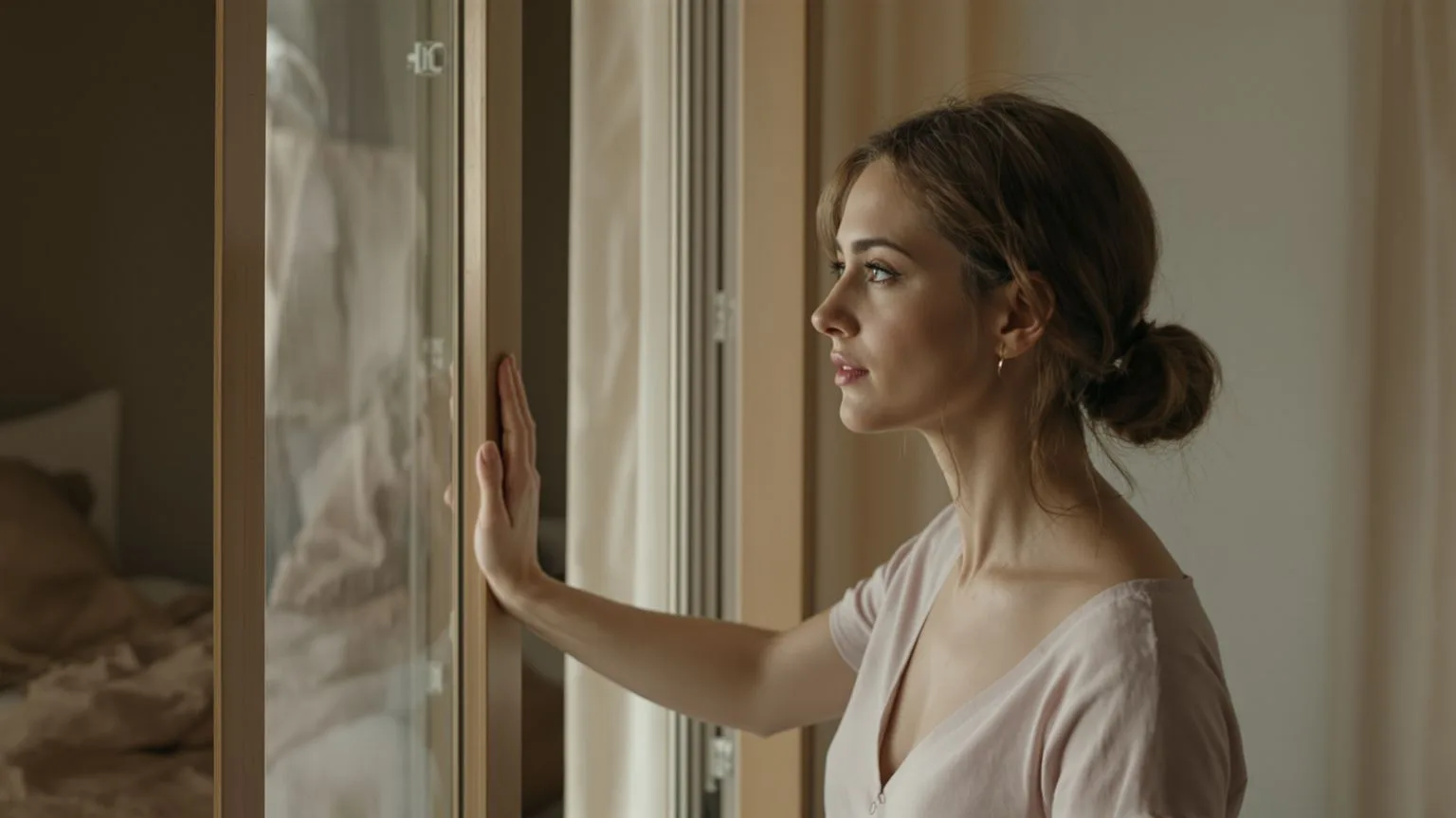 Woman standing at open balcony door in soft light illustrating why you can't think your way through grief