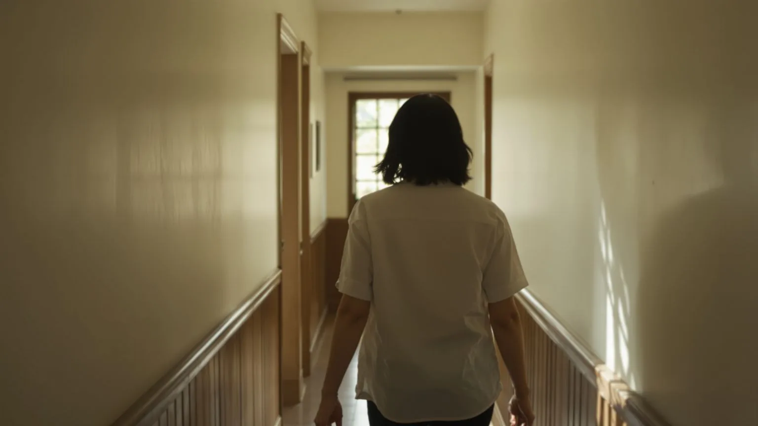 Woman walking slowly through a sunlit hallway showing why the five stages don't work for breakups