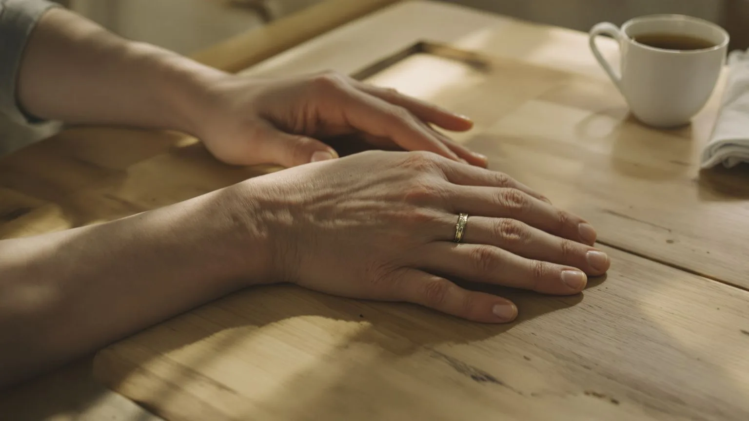Hands resting on worn kitchen table beside ceramic mug, what rejection really taught about feeling like a burden