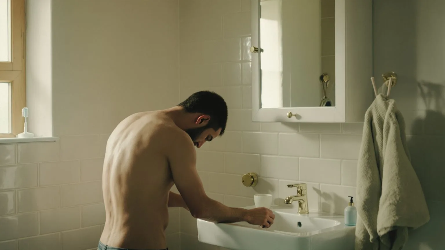 Man gripping bathroom sink with head bowed, body knowing what the mind won't say about feeling like a burden