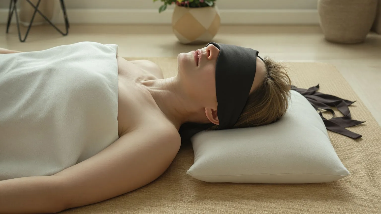 Person lying on wooden floor in Feeling Session posture with palms down and eyes covered, embodying permission to feel