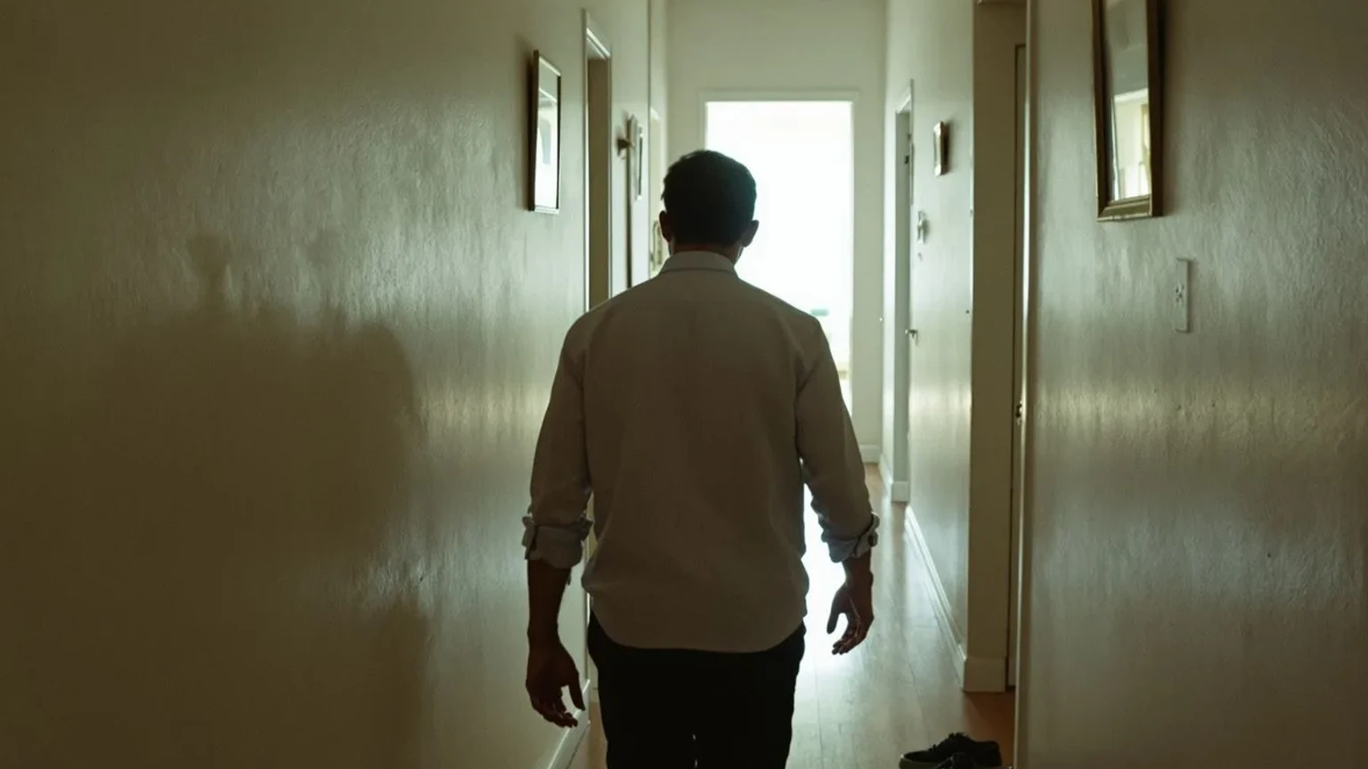 Person walking slowly down sunlit hallway toward light, where the voice of feeling like a burden was born now releasing