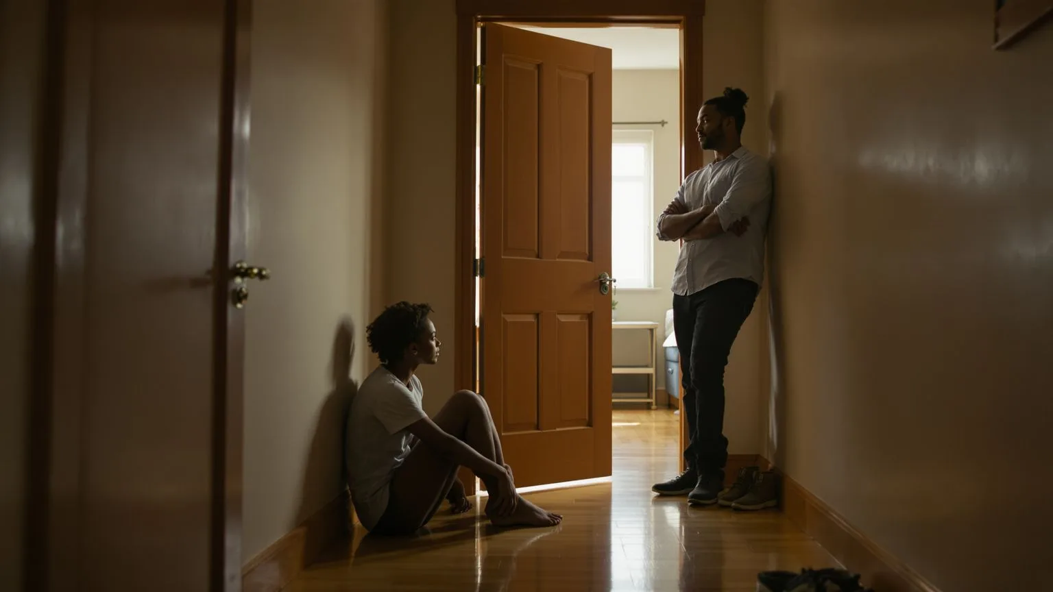 Two people sharing quiet stillness in a hallway doorway, the observer underneath the story of being a burden