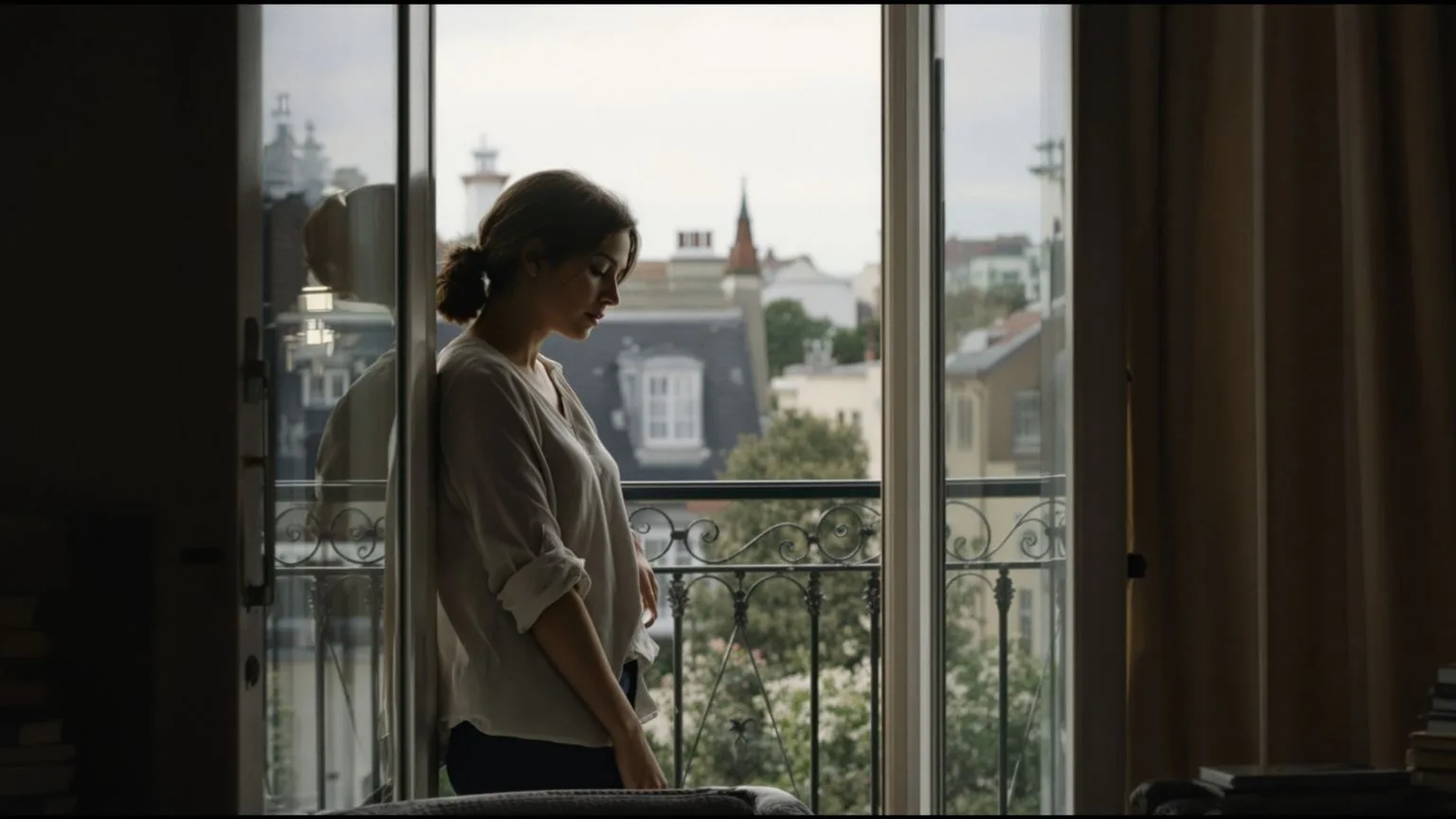 Woman standing at open French door threshold in side profile, the pattern underneath feeling like a burden becoming visible
