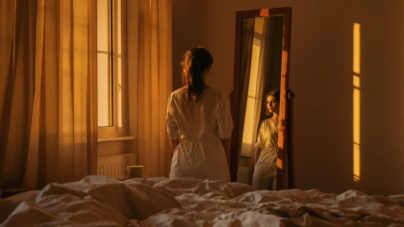 Woman standing before bedroom mirror with rounded posture, feeling like a burden visible in her quiet self-scrutiny