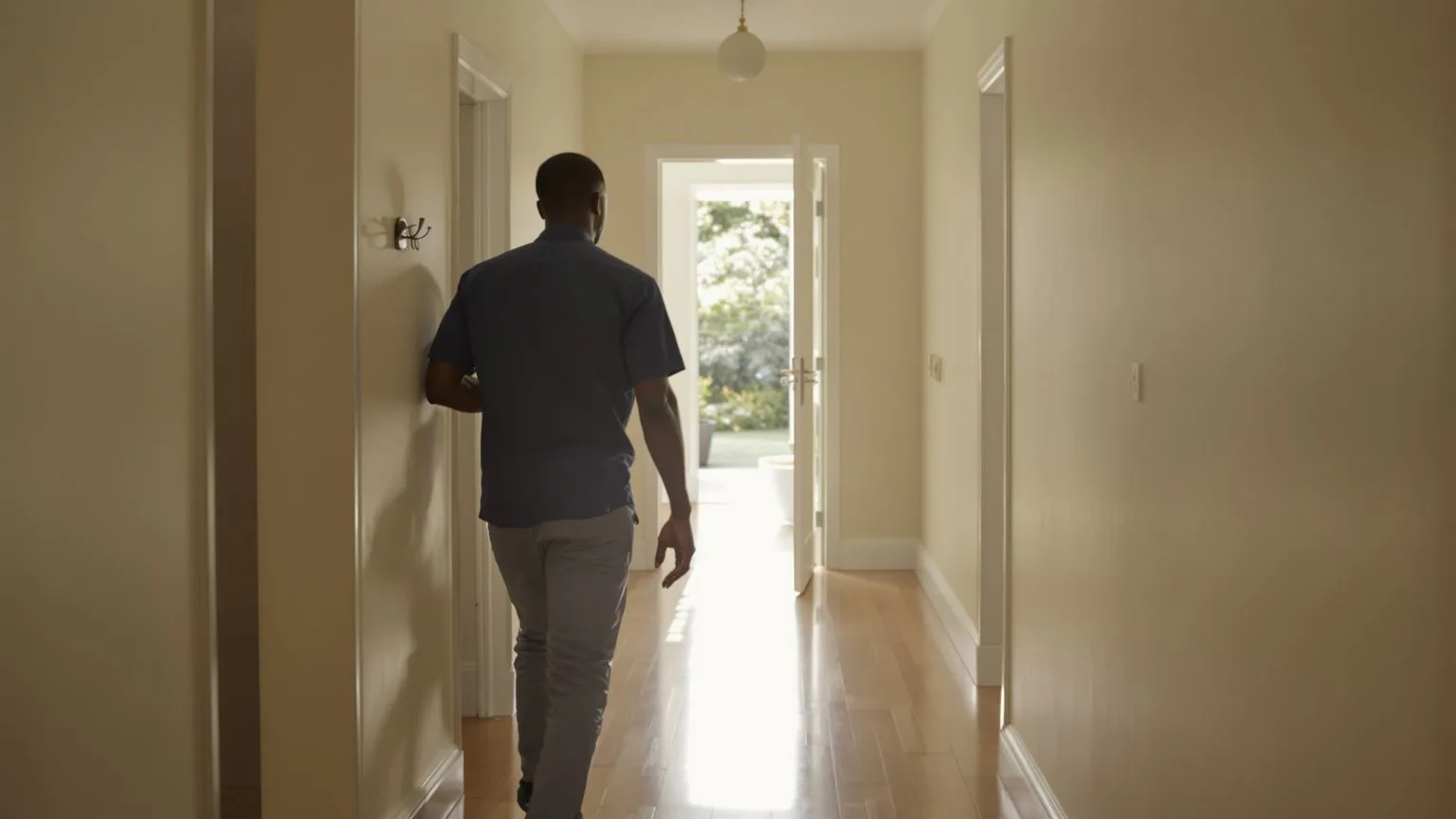 Man walking slowly through a sunlit hallway, body beginning to release what the mind cannot let go of