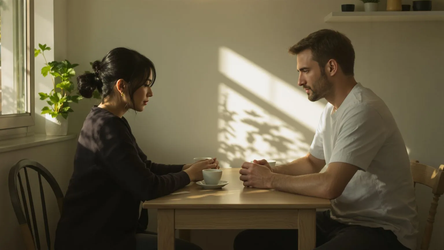 Two people sitting quietly at a kitchen table with space between them, resentment in relationships as an unspoken mirror