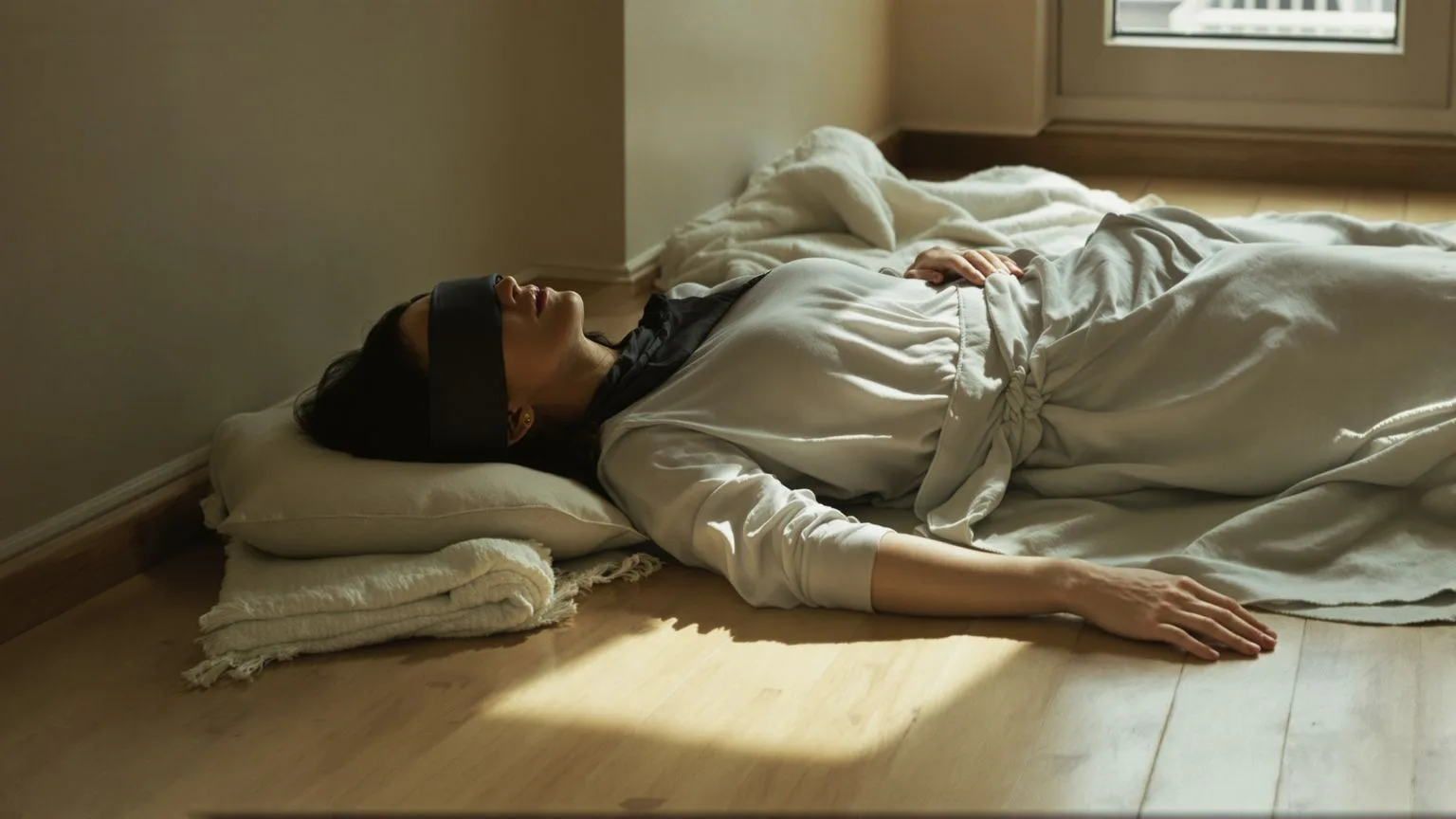 Woman lying on a wooden floor in Feeling Session posture with palms down and eyes covered, body holding memories that won't forget