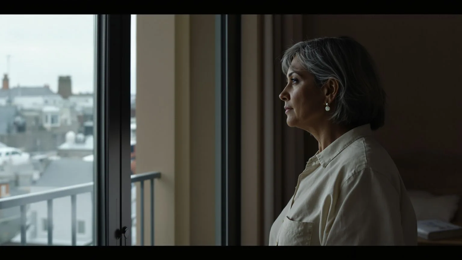 Woman standing in side profile at an open balcony door with soft outside light, the real process of letting go of resentment