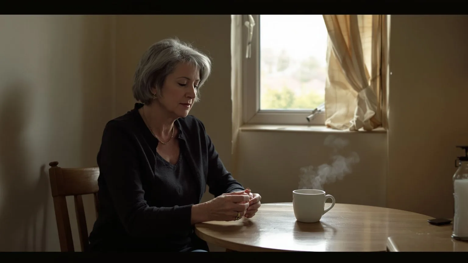 Woman washing hands at a simple bathroom sink in quiet reflected light, a moment of clarity after resentment passes