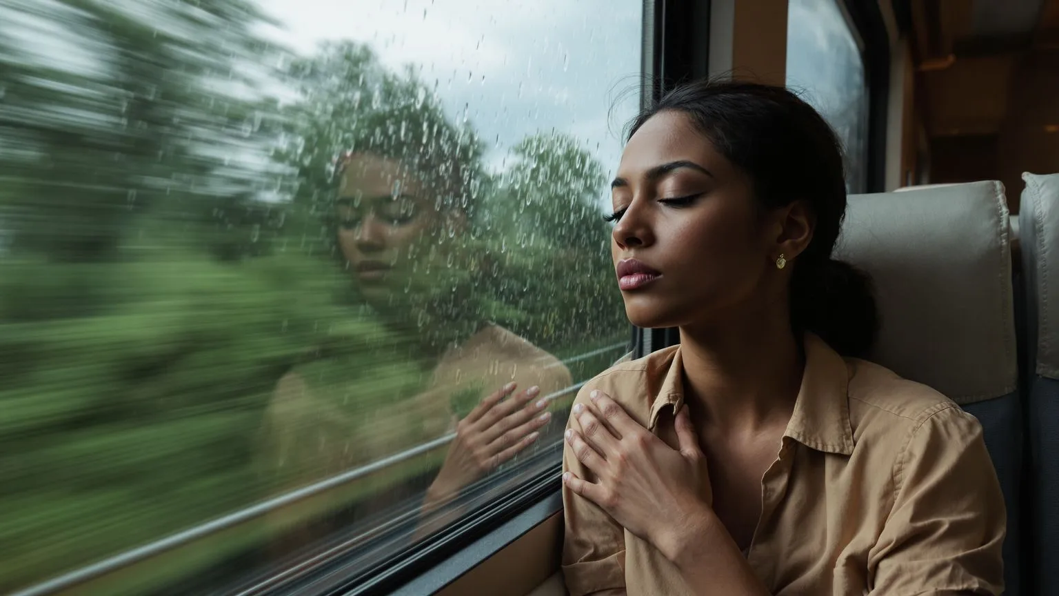 Woman with closed eyes resting against a rain-streaked train window, learning how to let go of resentment held in her body