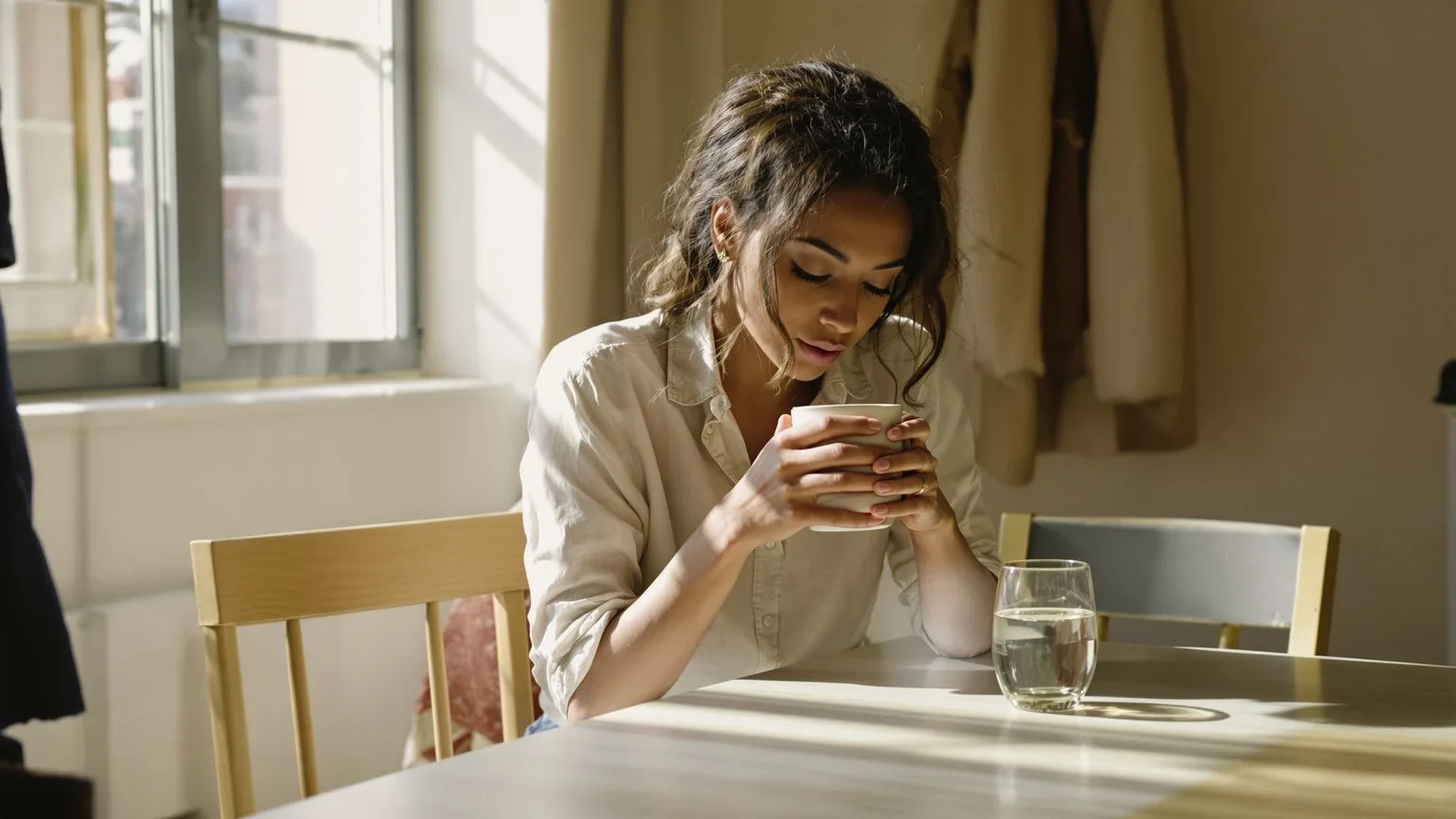 Woman gazing inward while holding a mug at a quiet table, reflecting how inner child wounds surface in daily adult moments