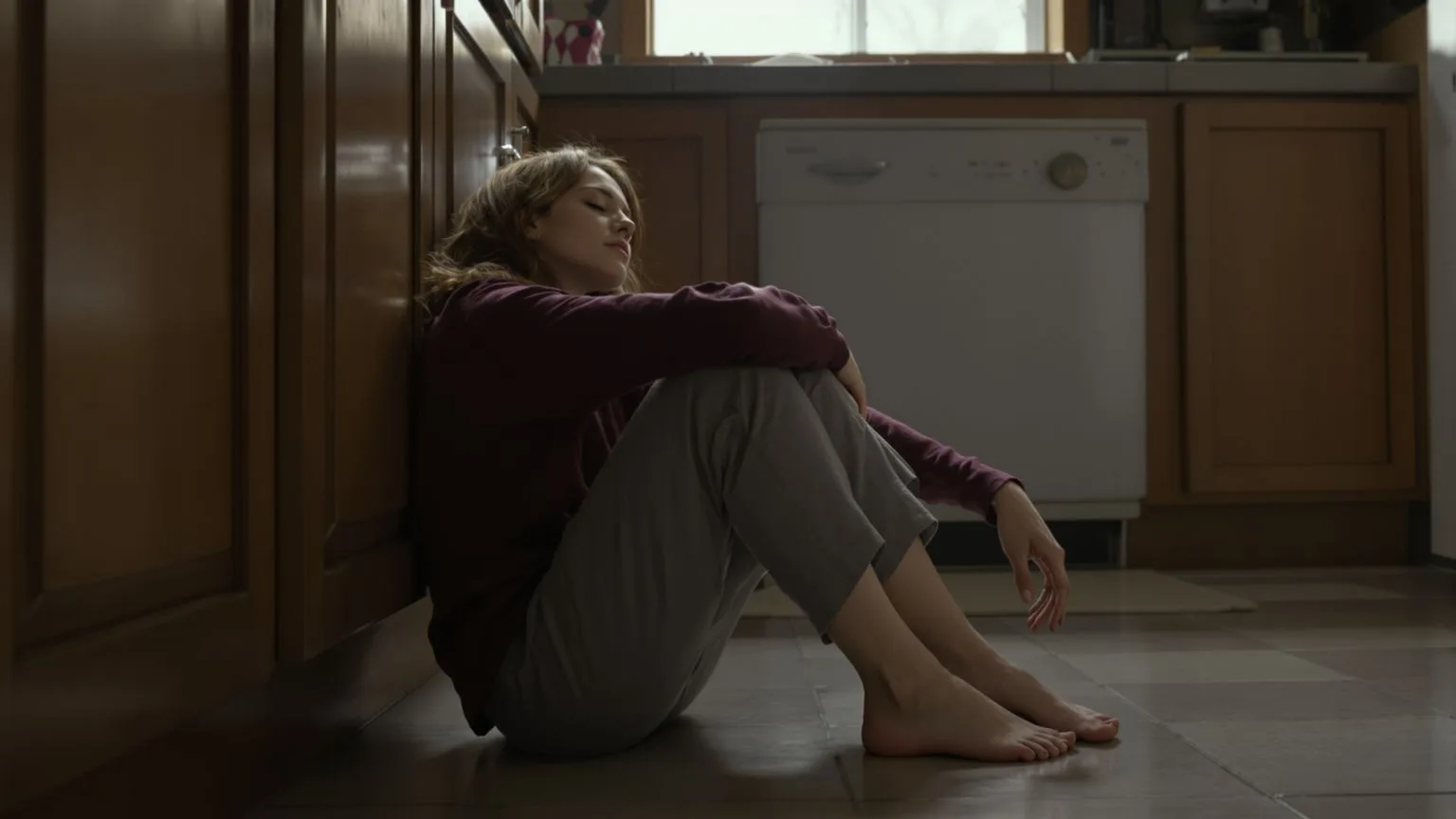 Woman seated on kitchen floor with eyes closed in quiet inwardness, evoking inner child wounds carried in the body