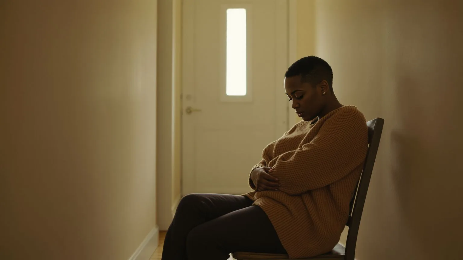 Woman sitting inward in a dim hallway, body curved under quiet weight, evoking how inner child wounds keep shaping daily life