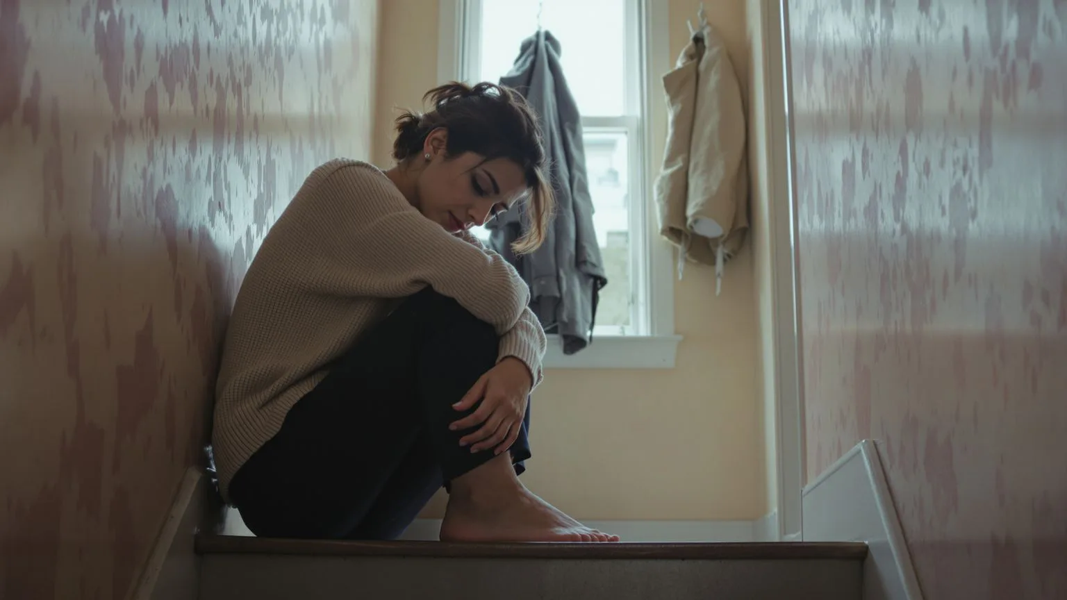 Woman sitting quietly on indoor staircase in morning light, gaze downward, evoking inner child wounds and coming home to oneself