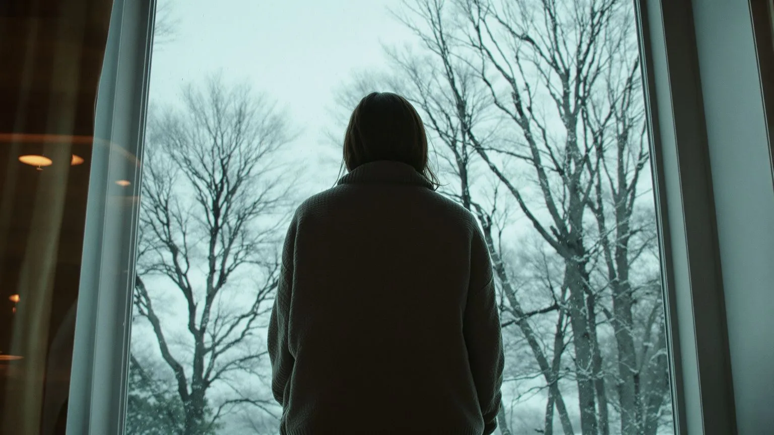 Person standing at window viewing winter ground, reflecting on challenges with setting personal b Person standing at window viewing winter ground, reflecting on challenges with setting personal boundaries