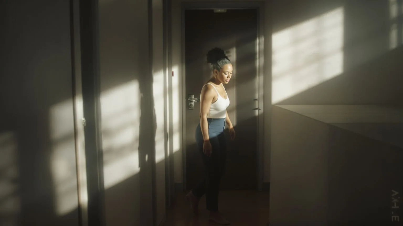 Person walking thoughtfully down hallway in morning light, developing awareness for healthy boundari Person walking thoughtfully down hallway in morning light, developing awareness for healthy boundaries
