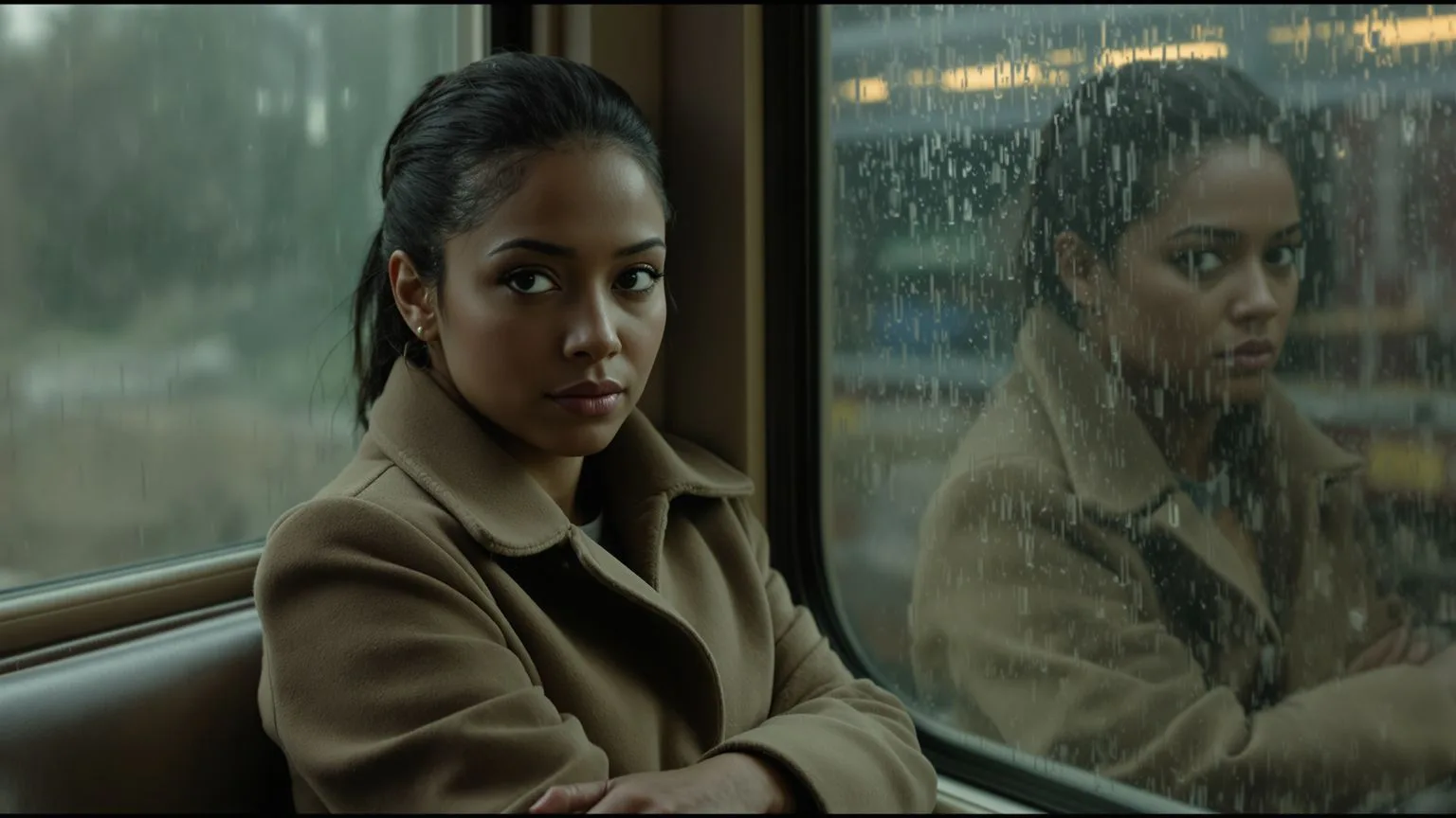 People pleaser gazing through rain-streaked train window with her reflection visible in the glass