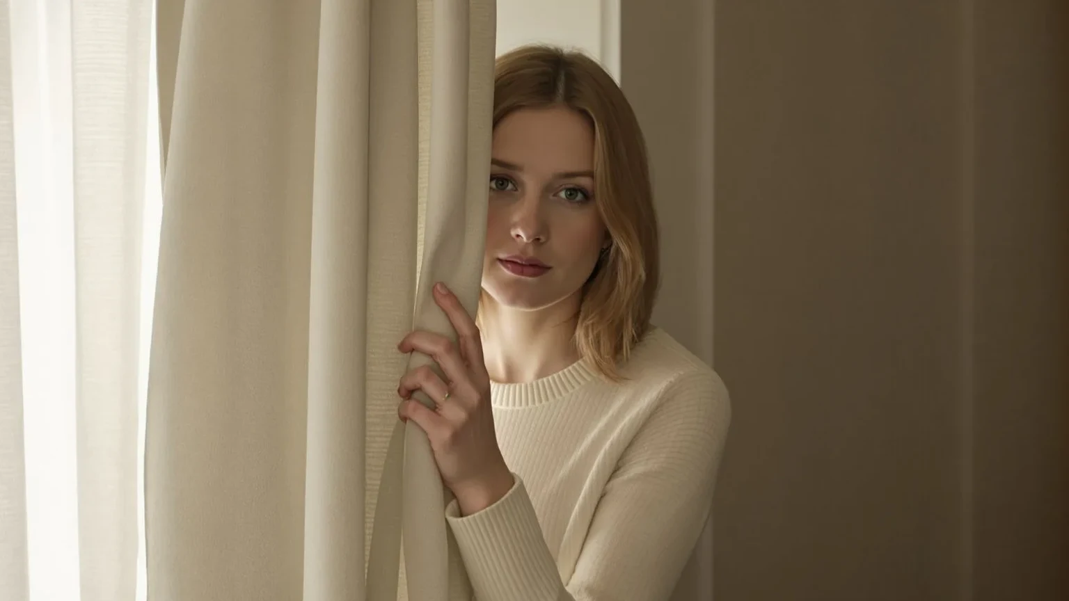 Woman pausing in hallway with throat exposed in directional light moving from performance to presence