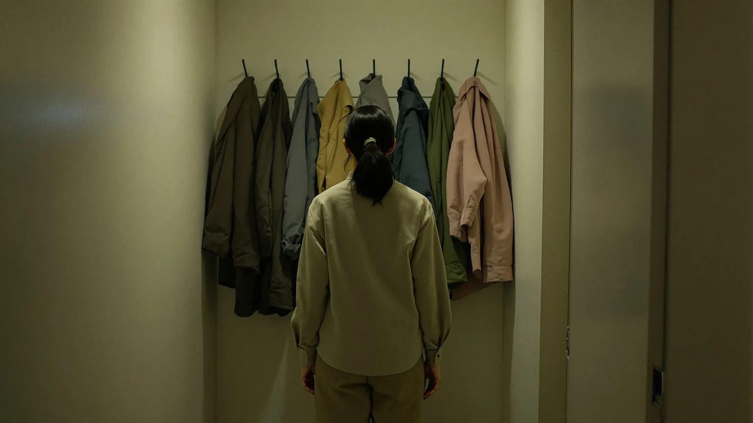 Woman standing alone in dim hallway before a row of coats, embodying the people pleaser's hidden economy of endless accommodation