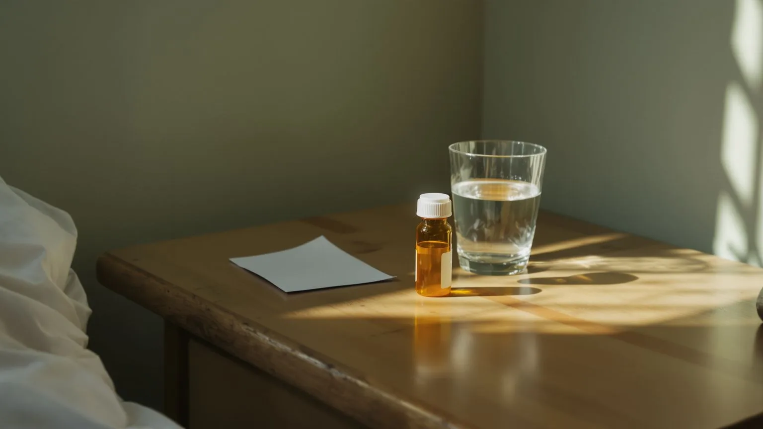 Amber prescription bottle and folded paper on a worn wooden table in morning window light, surface answer to why emotions overwhelm