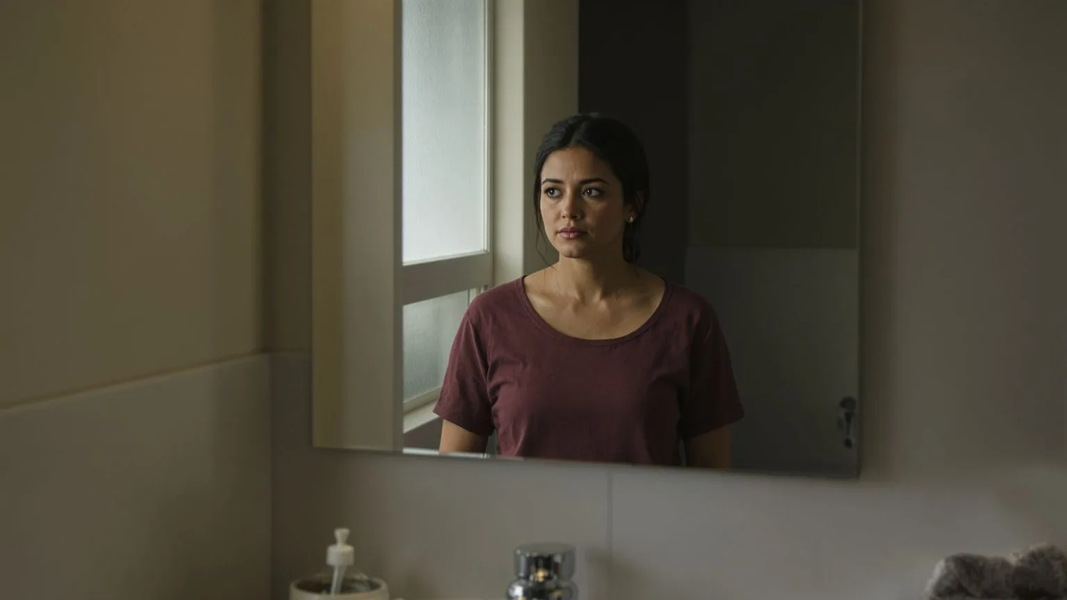Woman looking down in bathroom mirror with exposed throat and neck, reflecting the feelings you never felt
