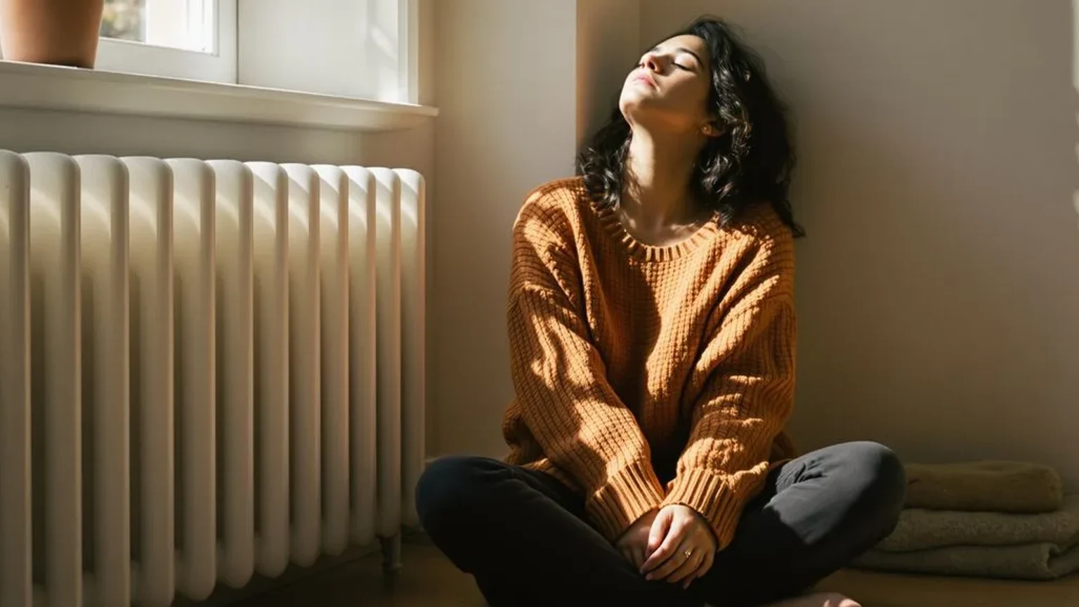 Woman sitting against a wall with eyes closed in soft afternoon light, embodying the stillness of why am i so emotional