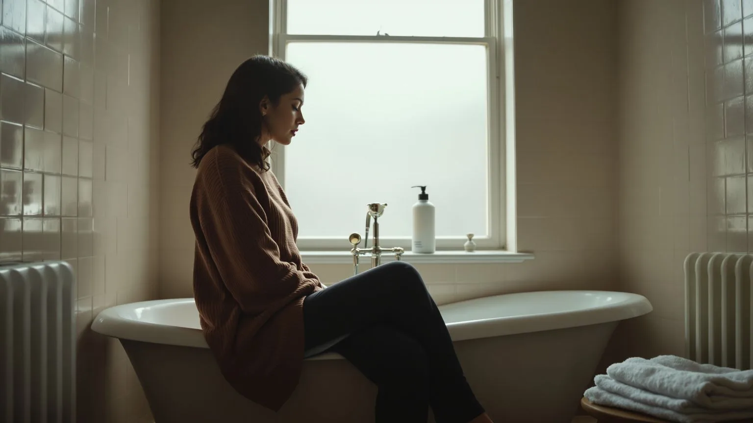 Woman sitting on bathtub edge in quiet morning light, posture turned inward, evoking why am i so emotional