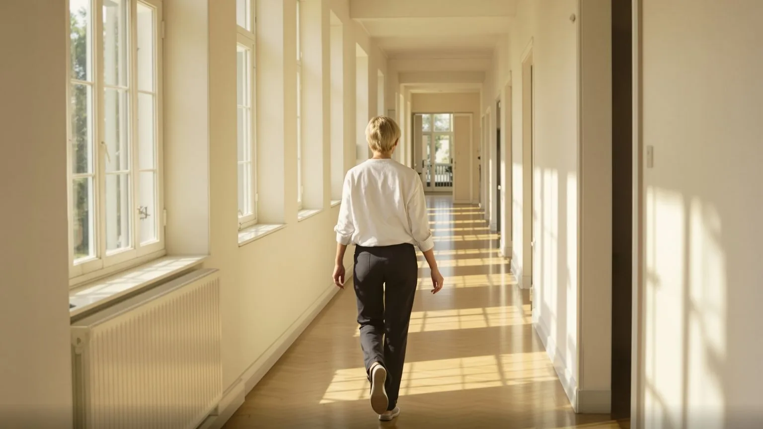 Woman walking through sunlit hallway with clean directional light, embodying what sensitivity actually means