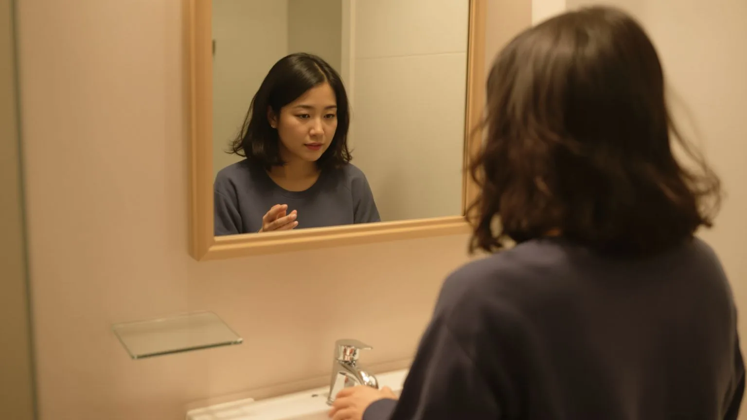 Woman's reflection in a simple bathroom mirror looking downward, revealing the wound underneath self-sabotage behavior