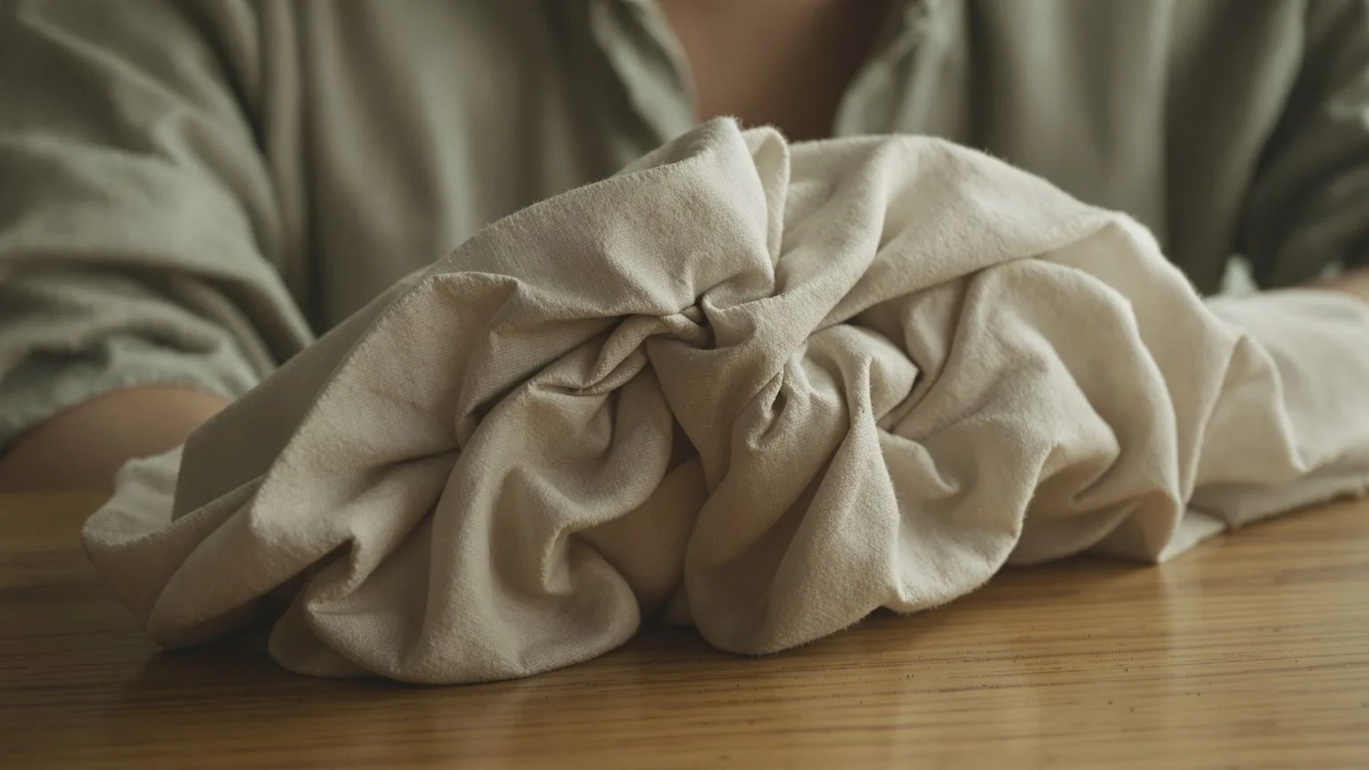 Close-up of a fist slowly releasing crumpled linen fabric showing why do i overthink everything through body tension