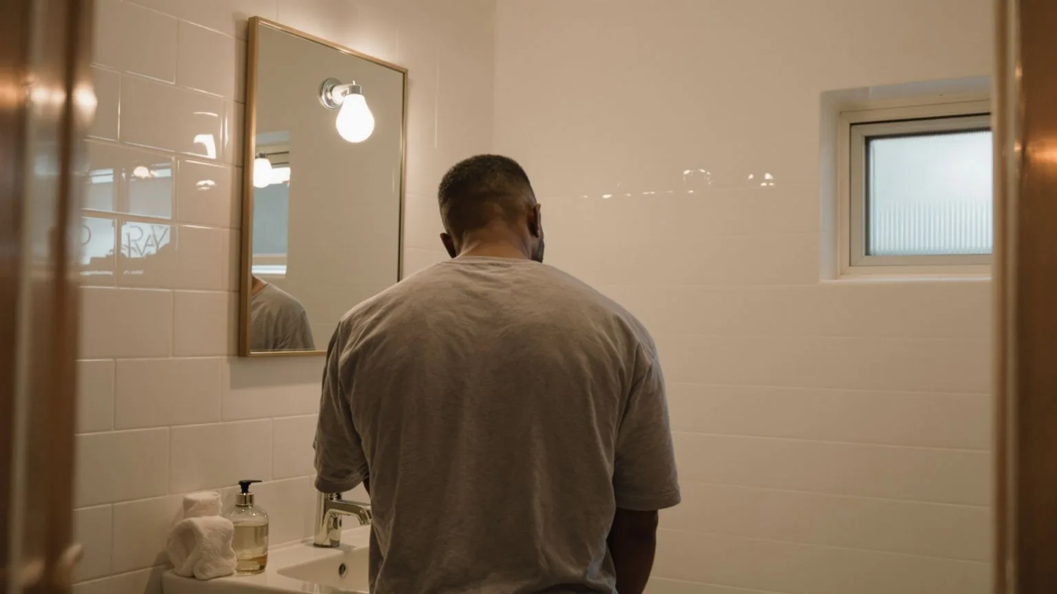 Man standing at a bathroom sink at night with quiet reflected light showing why overthinking gets worse at night