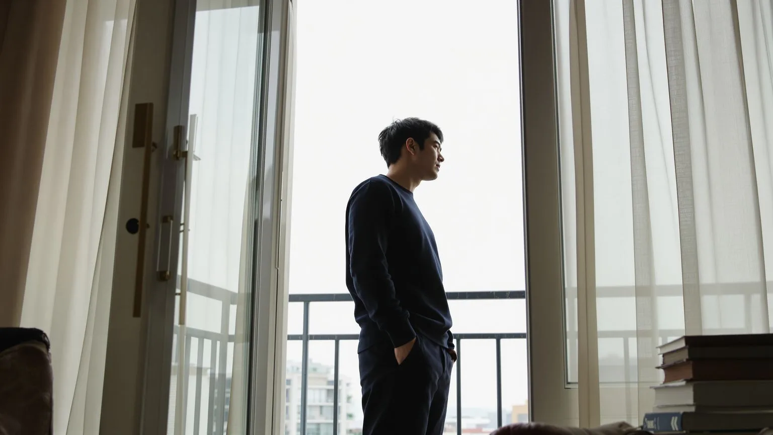 Man standing at open balcony door in side profile with visible breath showing the pattern behind the overthinking spiral