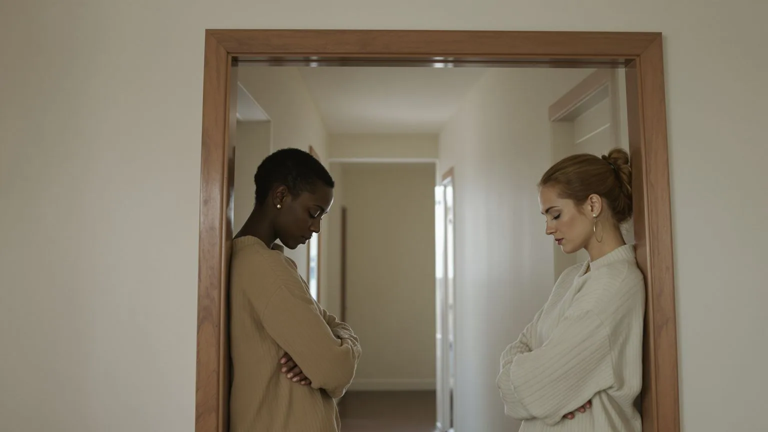 Two women sharing quiet stillness in a doorway illustrating the daily practice of coming home to the body