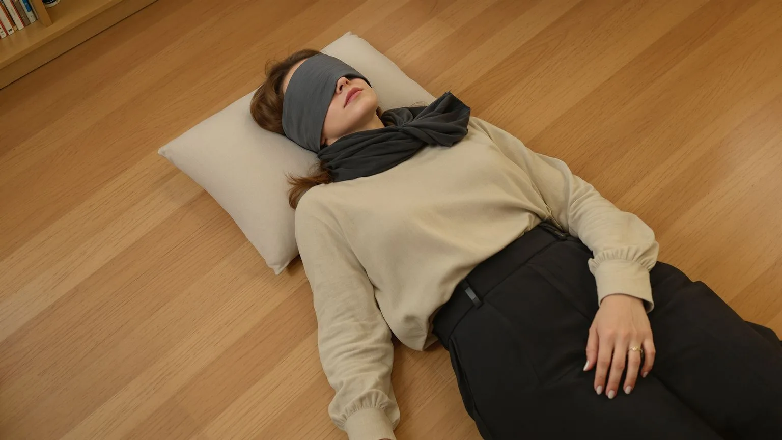 Woman lying on wooden floor in Feeling Session posture with eyes covered showing the observer behind the thoughts