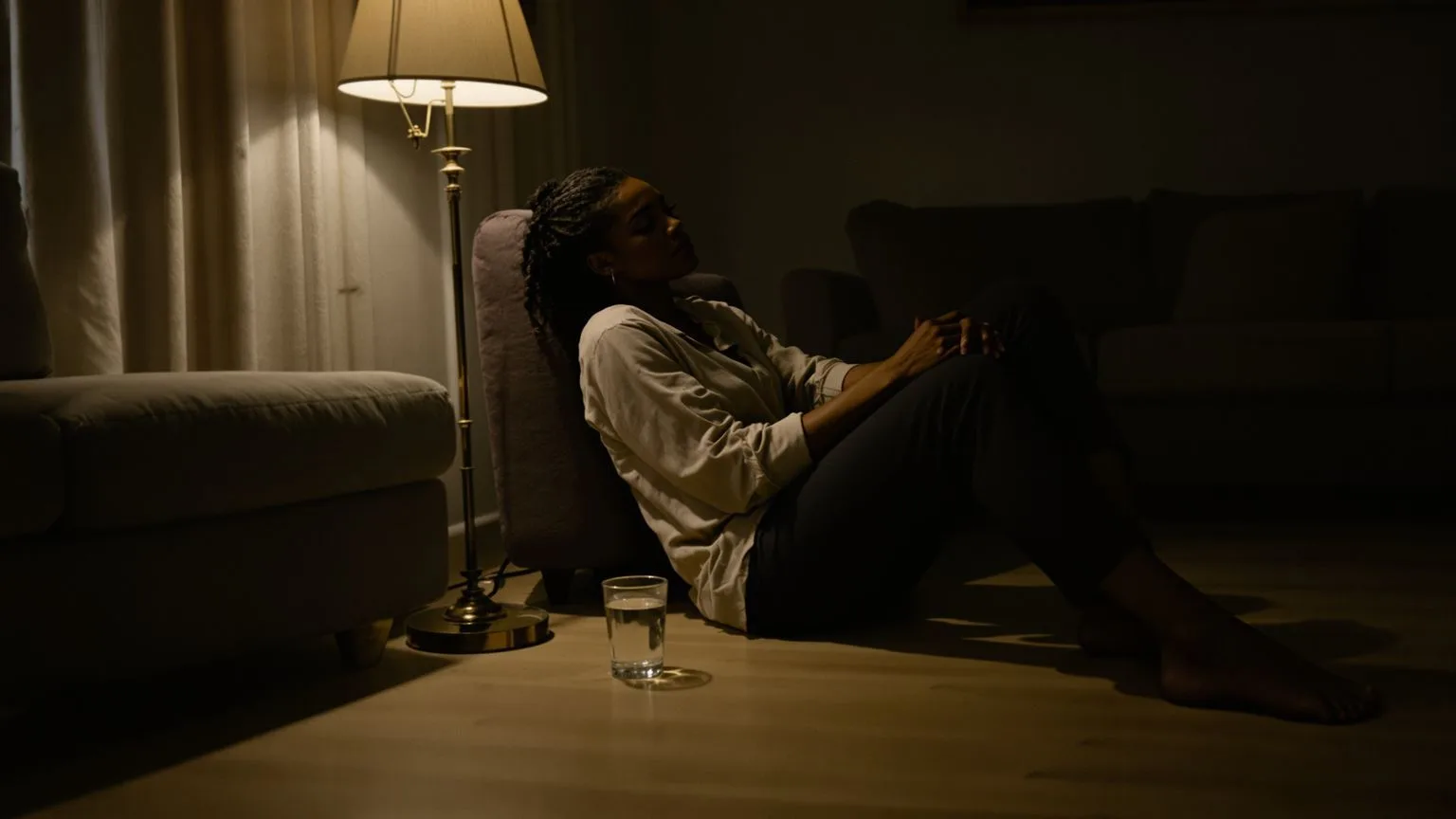 Woman sitting on wooden floor in dim lamplight, gaze turned inward, capturing what overthinking actually is in quiet stillness