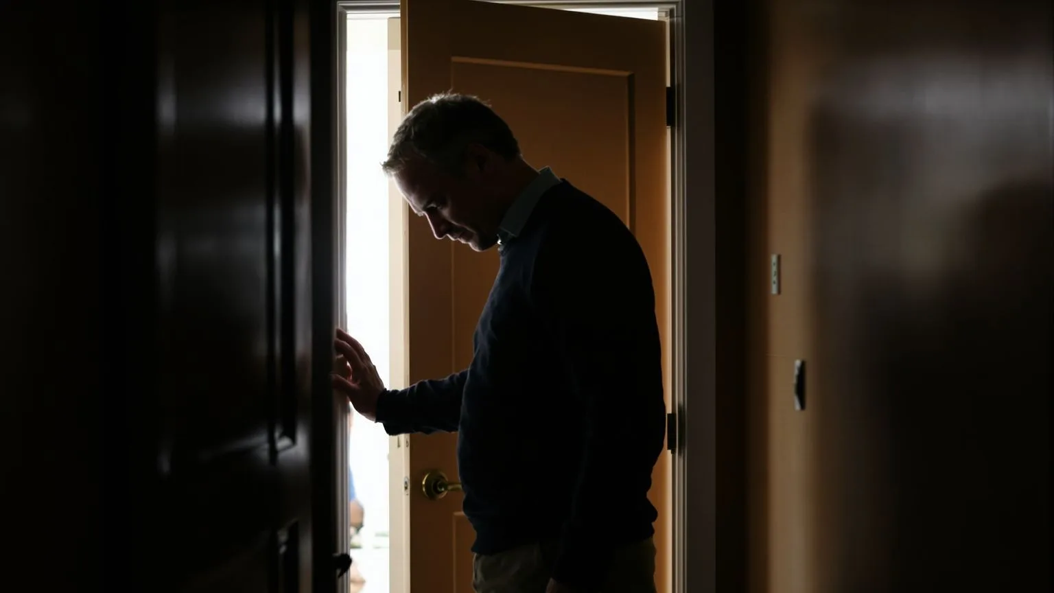 Man standing at a half-open door in a dim hallway illustrating what you resist persists
