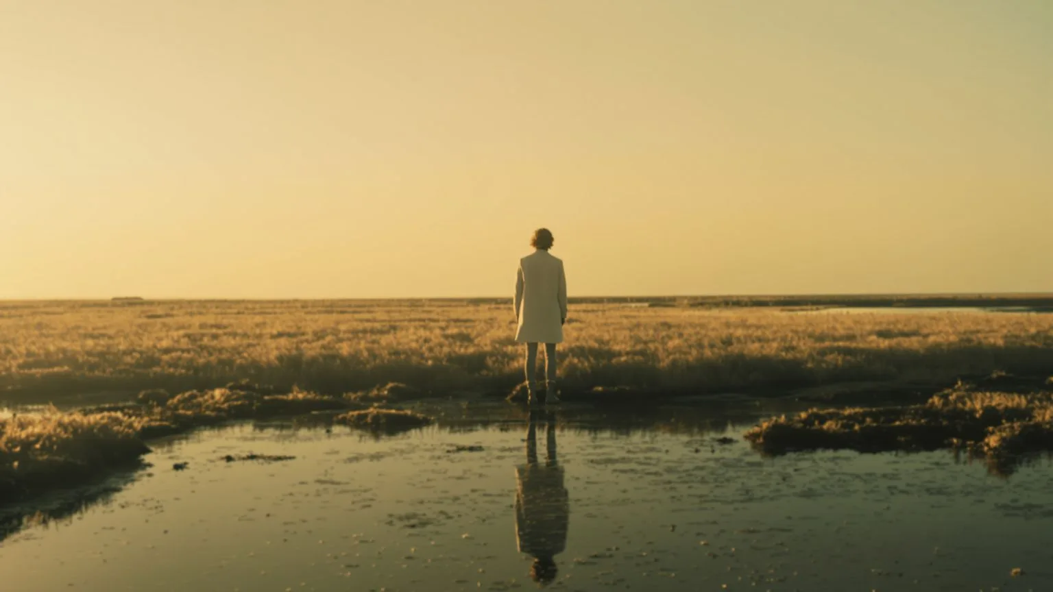 Solitary figure standing still on an open salt marsh at golden hour representing emotional numbness