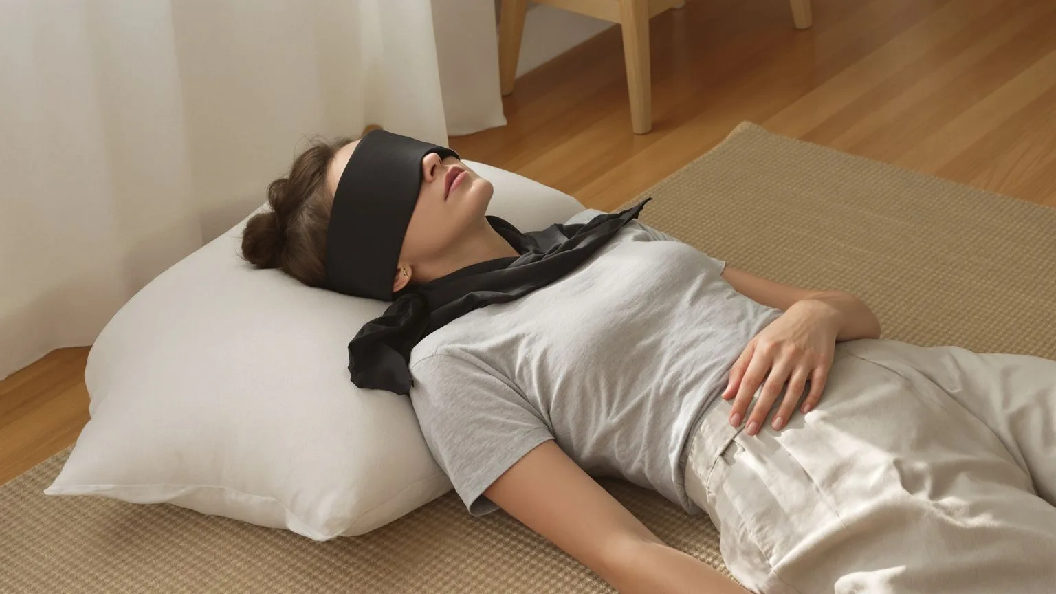 Woman lying on a wooden floor practicing feeling the numbness with eyes covered and palms down