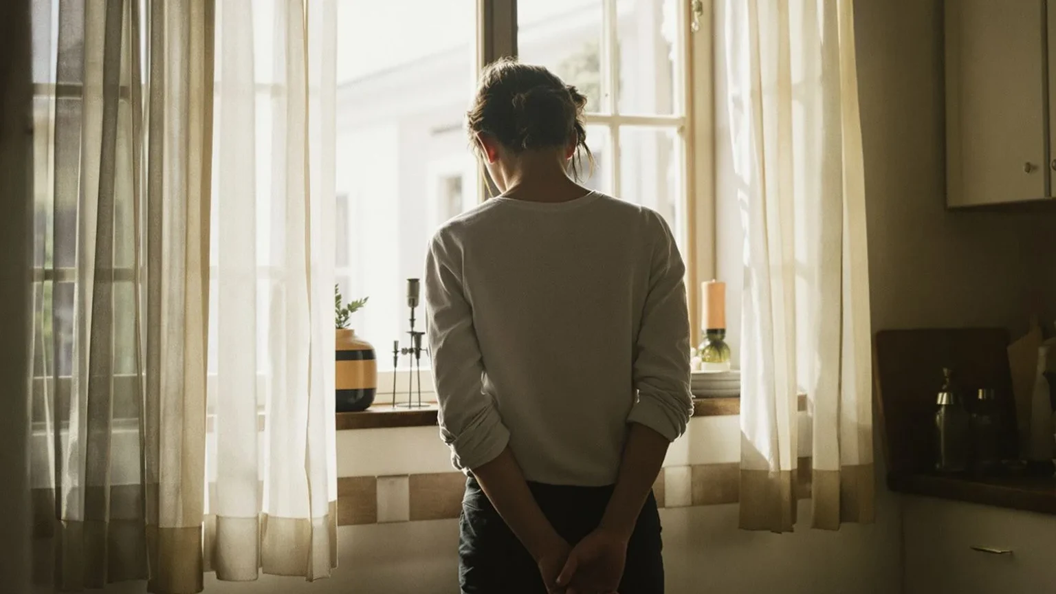 Person standing at kitchen window in morning light, inner child healing contemplative moment