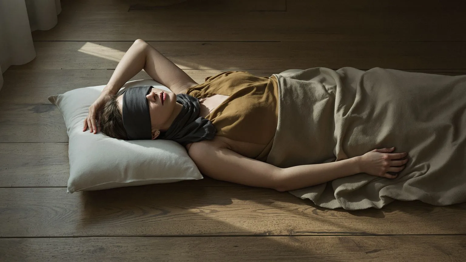 Woman lying still on wooden floor with eyes covered, inner child healing practice of deep rest and surrender