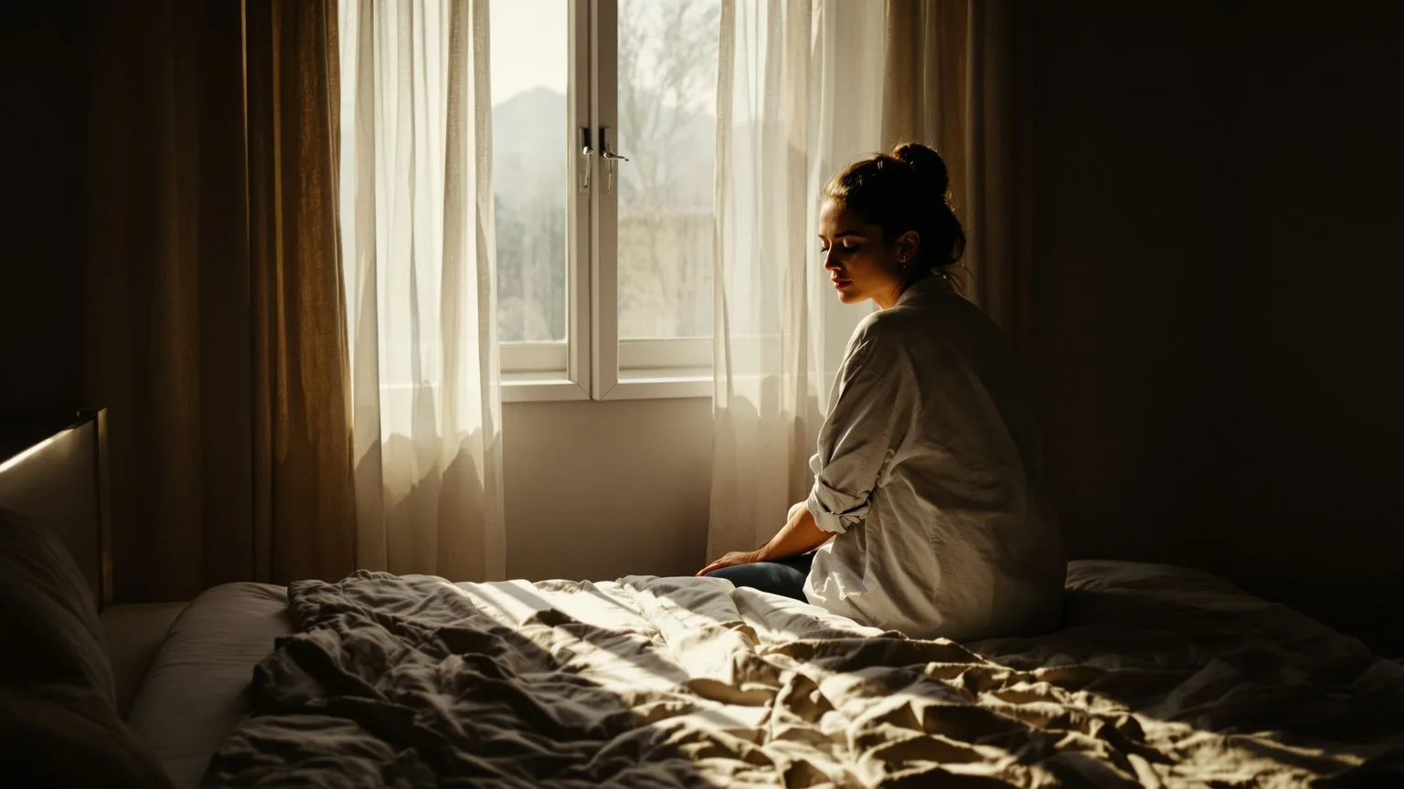 Woman sitting on bed edge in dim dawn light, shoulders inward, facing away, quiet with racing thoughts at night ending