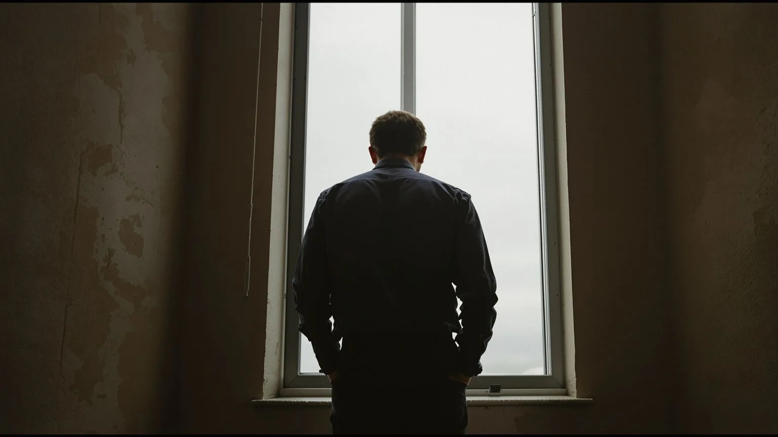 Man at window from behind experiencing how childhood trauma manifests in adult body, natural light s Man at window from behind experiencing how childhood trauma manifests in adult body, natural light silhouette
