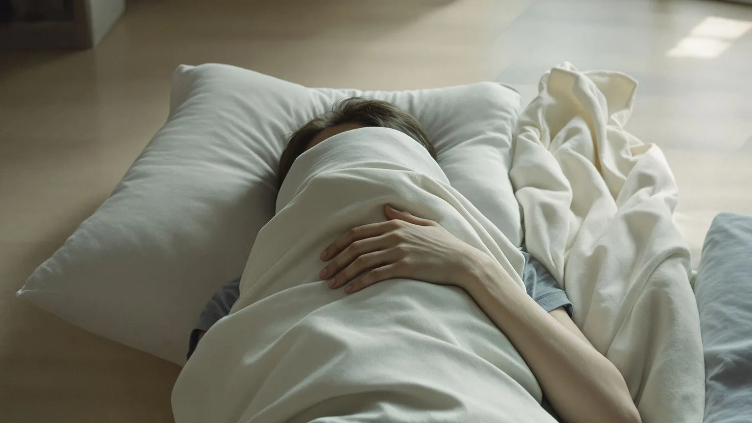 Person in feeling session posture on wooden floor practicing method for processing childhood trauma Person in feeling session posture on wooden floor practicing method for processing childhood trauma symptoms