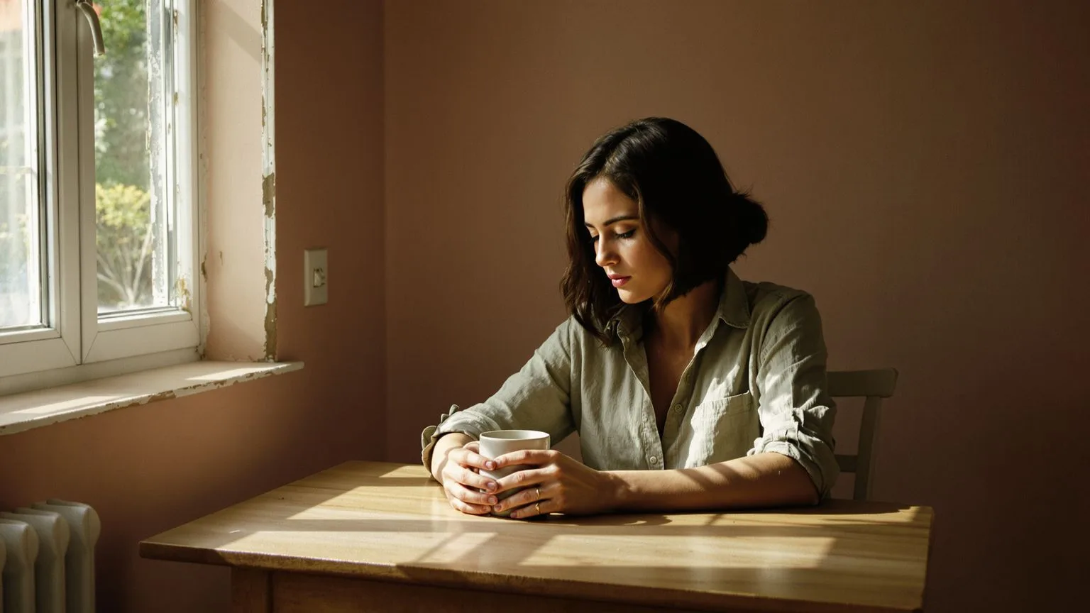 Woman at kitchen table in morning light, gaze downward, embodying the quiet weight of childhood trau Woman at kitchen table in morning light, gaze downward, embodying the quiet weight of childhood trauma symptoms in adulthood