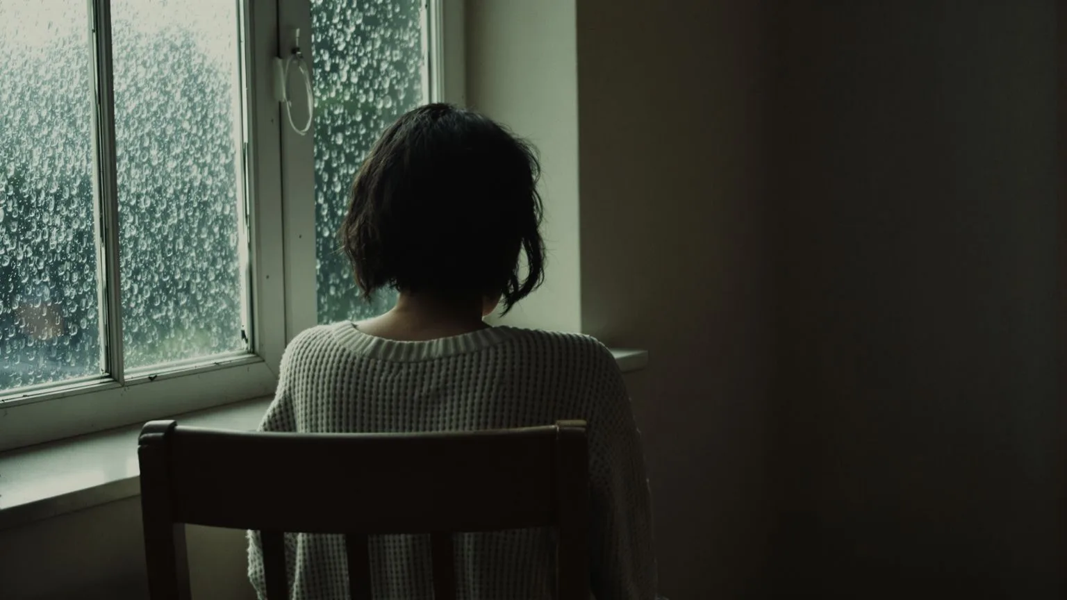 Woman seated at rain-streaked window from behind, shoulders curved inward, quiet moment reflecting s Woman seated at rain-streaked window from behind, shoulders curved inward, quiet moment reflecting symptoms of childhood trauma in adulthood