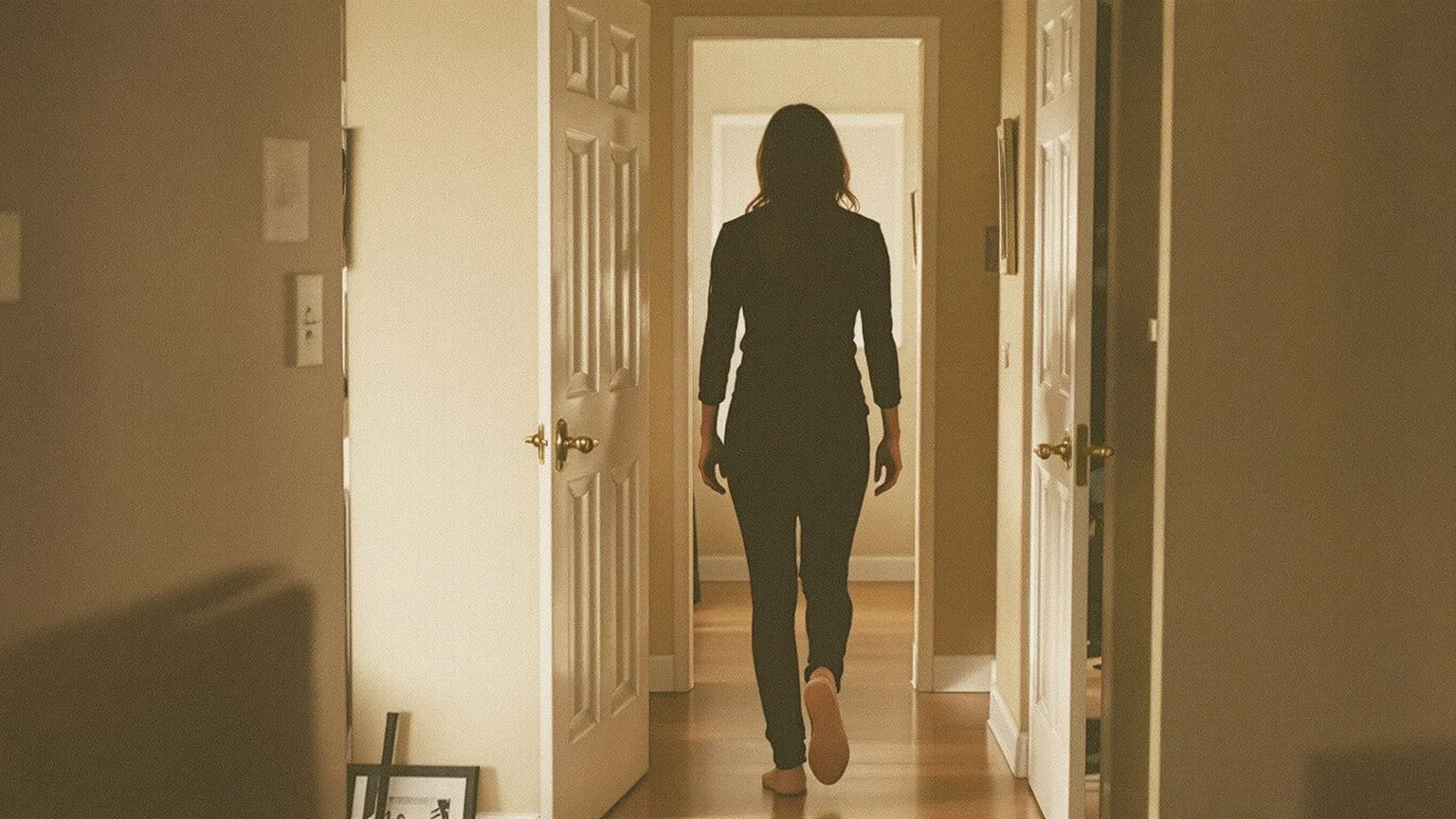 Figure walking through doorway in soft light, embodying changes from practicing self-love daily Figure walking through doorway in soft light, embodying changes from practicing self-love daily